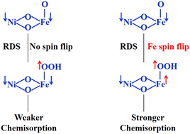 Graphical abstract: Oxygen evolution reaction on NiFe-LDH/(Ni,Fe)OOH: theoretical insights into the effects of electronic structure and spin-state evolution