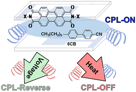Graphical abstract: Switching of circularly polarised luminescence in perylene-diimide-based chiral liquid crystals induced by electric fields and heating