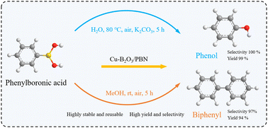 Graphical abstract: Solvoselective effect of Cu–B2O3/porous boron nitride on catalytic conversion of arylboric acids to phenols and biphenyls