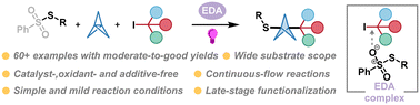 Graphical abstract: Sustainable synthesis of 1-thiol-3-alkyl bicyclo[1.1.1]pentanes via electron donor–acceptor complex photoactivation: a metal- and additive-free strategy for bioisostere design