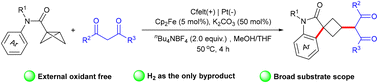 Graphical abstract: Electrochemical strain-release cascade cyclization of N-aryl bicyclobutyl amides with 1,3-dicarbonyl compounds via direct C(sp3)–H/C(sp2)–H functionalization