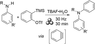 Graphical abstract: Benzyne formations and reactions with amines under solvent-free conditions in a mixer mill