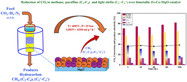 Graphical abstract: Reduction of CO2 to methane, paraffins (C2–C4) and light olefins (C=2–C=4) over a bimetallic Fe–Co–MgO catalyst