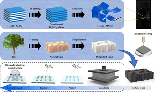 Graphical abstract: Biomimetic MXene/wood hierarchical superamphiphobic films for solar-activated deicing and EMI shielding