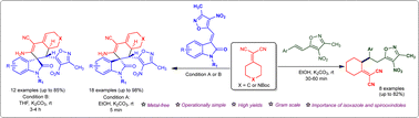 Graphical abstract: Solvent directed base-enabled diastereodivergent domino cycloaddition of isoxazole–oxindole styrenes and Michael additions of isoxazole–styrenes with vinyl malononitriles