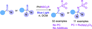 Graphical abstract: Blue-light assisted transformation of C [[double bond, length as m-dash]] S and P [[double bond, length as m-dash]] S bonds of thioamides and thiophosphonyl diamides into C [[double bond, length as m-dash]] N and P [[double bond, length as m-dash]] N bonds of N-sulfonyl amidines via interaction with iminoiodinanes