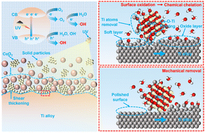 Graphical abstract: Novel chemical mechanical polishing assisted by photocatalysis and shear-thickening for a free surface blade of a Ti alloy using ceria nano-abrasives