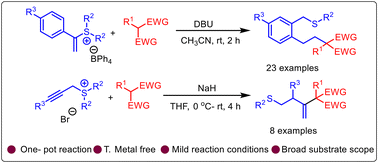 Graphical abstract: Cascade reaction of α-aryl vinyl and propargyl sulfonium salts with carbon nucleophiles: synthesis of functionalized benzyl and homoallyl thioethers