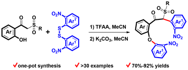 Graphical abstract: K2CO3/TFAA-activated diarylation of α-sulfonyl o-hydroxyacetophenones with o-nitroaryl disulfides to construct sulfonyl bis-o-nitroaryl acetophenones