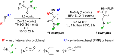 Graphical abstract: Synthesis of α,α-difluoro-β-amino amides using aldimines and bromodifluoroacetamides via the Reformatsky reaction