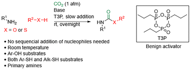 Graphical abstract: Synthesis of linear O-aryl carbamates and S-thiocarbamates via benign T3P-mediated condensation of phenols and thiols with amines and carbon dioxide