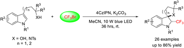 Graphical abstract: Photo-induced radical trifluoromethylation/dearomatization of 3-substituted indoles