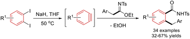 Graphical abstract: Synthesis of o-benzyl benzamides via NaH-mediated aryne insertion into N-sulfonylacetimidates
