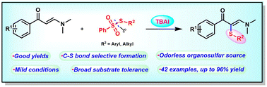 Graphical abstract: TBAI-promoted synthesis of thioenamines via C–S bond formation between enaminones and thiosulfonates