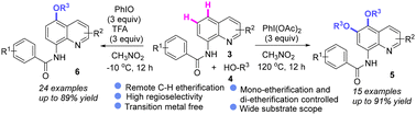 Graphical abstract: Hypervalent iodine-mediated highly mono- and di-selective etherification of 8-aminoquinolines at the C5 and C6 positions