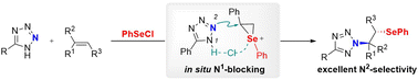 Graphical abstract: Regioselective β-organoseleno/α-,N2-tetrazole addition to alkenes