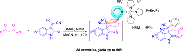 Graphical abstract: PyBroP/base-promoted one-pot three-component sequential decarboxylative addition reaction of β-keto acids, isatylidene malononitriles and pyridine N-oxides