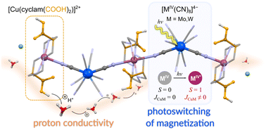 Graphical abstract: Proton conductivity and magnetization photoswitching in CN-bridged CuII3MIV2 molecules (M = Mo, W) based on carboxy-functionalized macrocyclic ligand