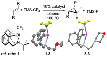 Graphical abstract: Balancing transmetallation and CF2 α-elimination barriers in organobismuth-catalyzed olefin difluorocarbenation