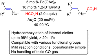 Graphical abstract: Pd-catalyzed highly regioselective olefin isomerization–hydrocarboxylation with formic acid: a facile approach to synthesize linear carboxylic acids from internal olefins