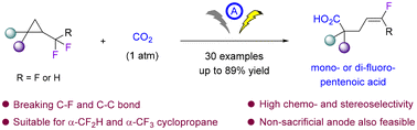 Graphical abstract: Electrochemical carboxylation of α-fluoroalkyl cyclopropane with CO2 to mono- or difluoropentenoic acid