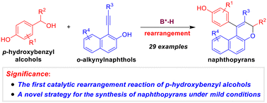 Graphical abstract: Catalytic rearrangement reaction of p-hydroxybenzyl alcohols with o-alkynylnaphthols for synthesis of naphthopyrans