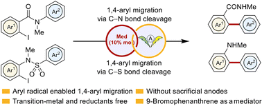 Graphical abstract: Organo-mediator enabled electrochemical 1,4-aryl migration of N-aryl-2-iodobenzamides/N-sulfonyl-2-iodoanilines to access biaryls