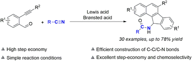Graphical abstract: Synergistic Lewis and Brønsted acid-mediated annulation of o-alkynylbenzaldehydes with nitriles for amide-substituted benzo[a]fluorenes