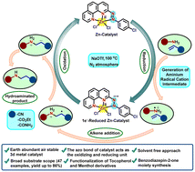 Graphical abstract: Ligand-centered redox-driven Zn(ii)-catalyzed anti-Markovnikov hydroamination of activated alkenes with primary aromatic amines via aminium radical cations