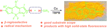 Graphical abstract: Copper-catalyzed oxidative C–H silylation of BODIPY dyes at the 2- or 2,6-positions with silanes