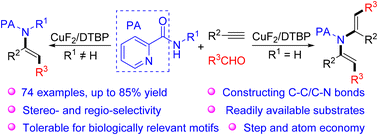 Graphical abstract: Copper-catalyzed stereo- and regio-selective decarbonylative alkylation and sequential amination of alkynes with aldehydes and amides