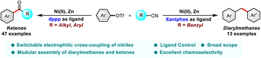 Graphical abstract: Ligand-controlled switchable nickel-catalyzed coupling of nitriles with aryl triflates: divergent synthesis of ketones and diarylmethanes