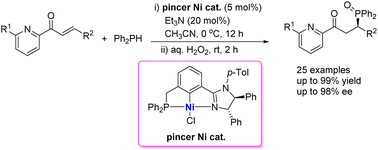Graphical abstract: Chiral PCN pincer Ni(ii) complex-catalyzed asymmetric hydrophosphination of 2-alkenoylpyridines with diphenylphosphine