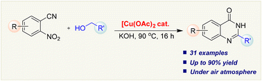 Graphical abstract: Facile access to quinazolin-4(3H)-ones by tandem Cu-catalyzed annulation of 2-nitrobenzonitrile and alcohols under air