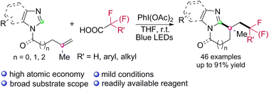 Graphical abstract: Photo-induced decarboxylative radical cascade cyclization of unactivated alkenes: access to CF- and CF2-substituted ring-fused imidazoles