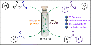 Graphical abstract: Eco-friendly and efficient Friedel–Crafts acylation of activated arenes catalyzed with low-loaded ferric chloride in propylene carbonate as the solvent: scope and mechanistic insights