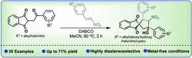 Graphical abstract: DABCO-catalysed highly diastereoselective synthesis of 1,3-indandione containing fully saturated spirocyclopentanes involving 2-(2′-ketoalkyl)-1,3-indandiones and nitrostyrenes