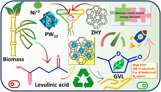 Graphical abstract: Production of a bio-based liquid fuel additive, γ-valerolactone, over Ni-exchanged 12-tungstophosphoric acid anchored to zeolite HY using a biomass-derived H2 source