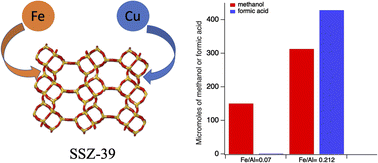 Graphical abstract: Partial oxidation of methane over SSZ-39 zeolites containing iron, copper, and iron–copper mixtures with hydrogen peroxide: selective control of oxygenate formation