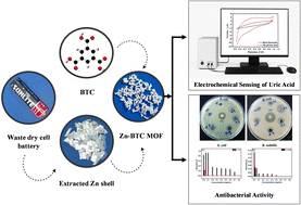 Graphical abstract: Upcycling battery waste into Zn-BTC metal organic framework for dual applications in electrochemical sensing of uric acid and antibacterial applications