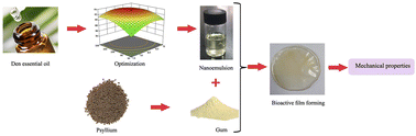 Graphical abstract: Optimization of Oliveria decumbens essential oil nanoemulsion formulation using RSM and development of a bioactive film based on Plantago ovata mucilage