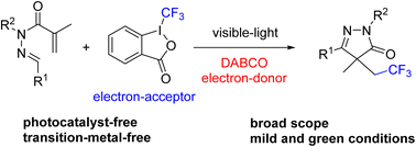 Graphical abstract: Visible-light induced trifluoromethylation/cyclization cascade to access CF3-containing pyrazolones by EDA complex