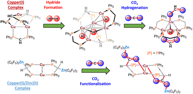 Graphical abstract: Structural and reactivity investigations using organo-copper(i) and zinc(ii) complexes with hydrogen and carbon dioxide