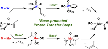 Graphical abstract: Initiating olefin metathesis: alkylidenes from molecular Mo(iv)-oxo species, olefins and base-promoted proton transfer