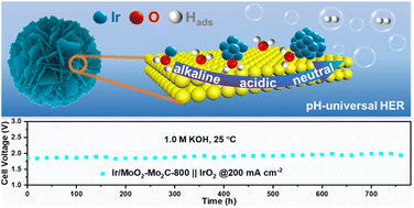Graphical abstract: Exposed high-concentration Ir active sites and metal–support interaction endow Ir/MoO2-Mo2C hybrids with high atom utilization and stability for pH-universal hydrogen evolution reaction