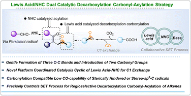 Graphical abstract: Lewis acid/NHC dual catalysis for regioselective vicinal decarboxylative carbonylation–acylation of alkenes