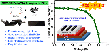 Graphical abstract: Fabrication of flexible, adhesive, and highly conductive freestanding carbon nanotube films with poly(disulfide) main chains containing a functional polymer for high-performance carbon-based perovskite solar cells
