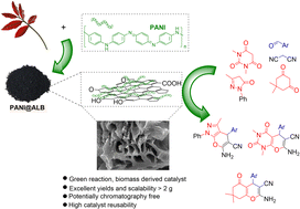 Graphical abstract: Polyaniline-functionalized biochar (PANI@ALB) as a heterogeneous acid–base bifunctional catalyst for one-pot cascade reactions under green reaction conditions