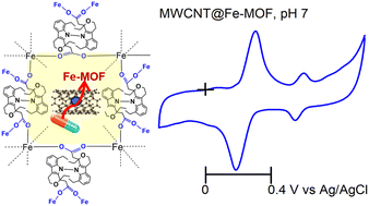Graphical abstract: Unconventional pharmaceutical drug-templated in situ electrochemical synthesis of redox-active Fe-MOF/MWCNT hybrids for point-of-care voltammetric pH sensing