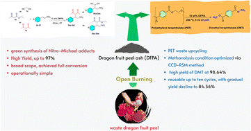 Graphical abstract: A dragon fruit peel-derived heterogeneous catalyst for Michael addition reactions and methanolysis of PET waste: a green and dual-functional approach